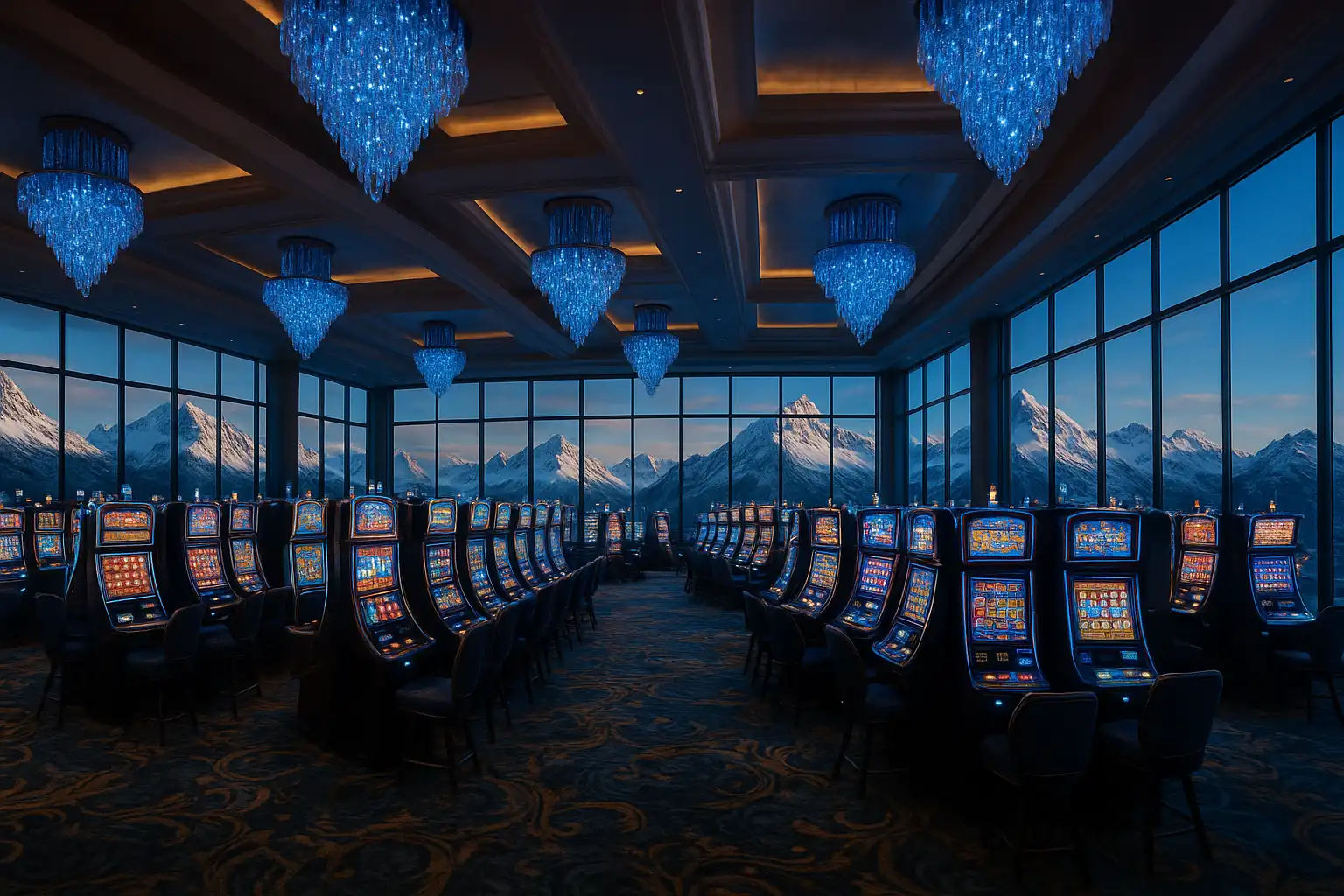 Reelson Casino lounge overlooking icy mountain peaks with elegant slot machines