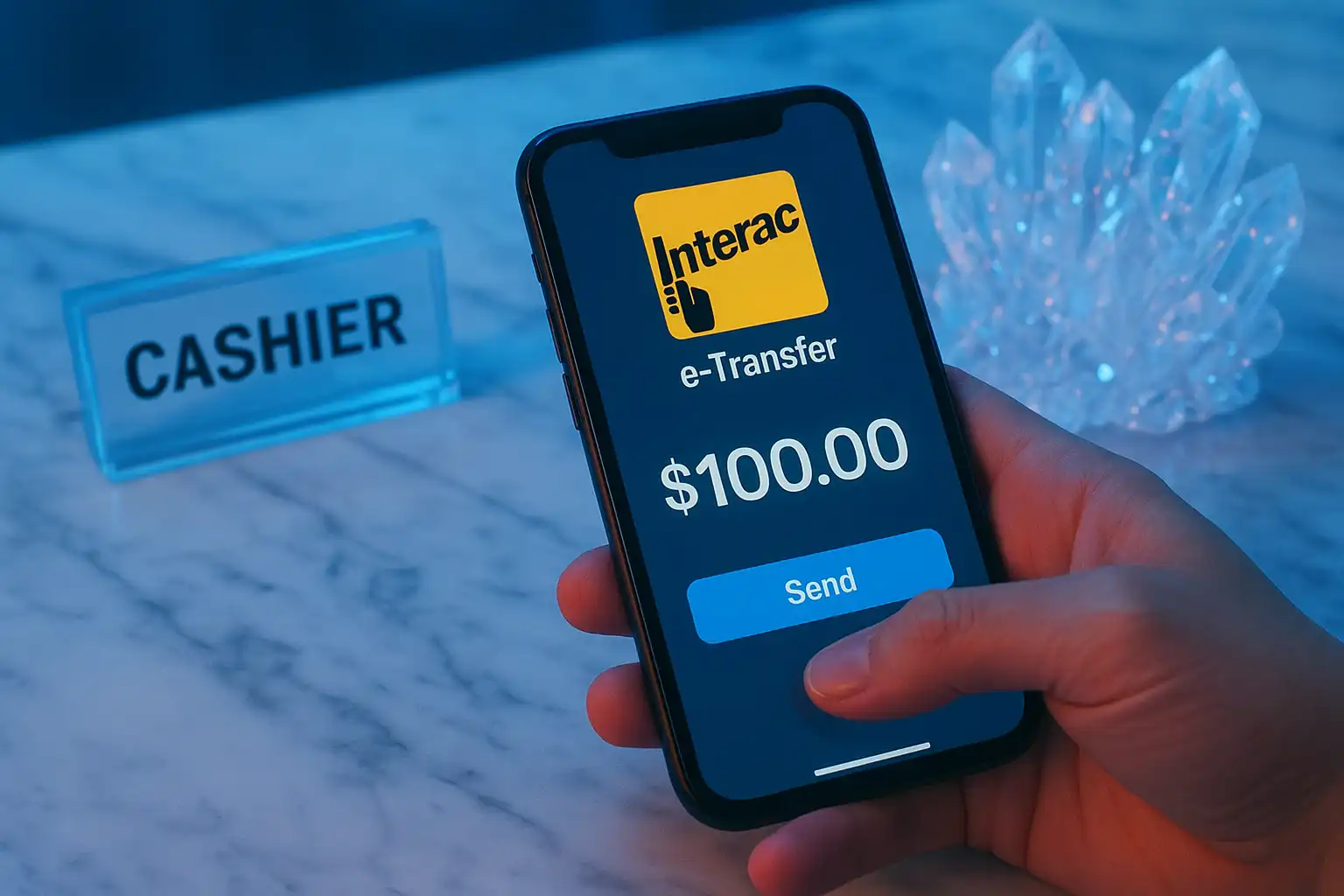 Interac e-Transfer transaction shown on a smartphone at a casino cashier counter