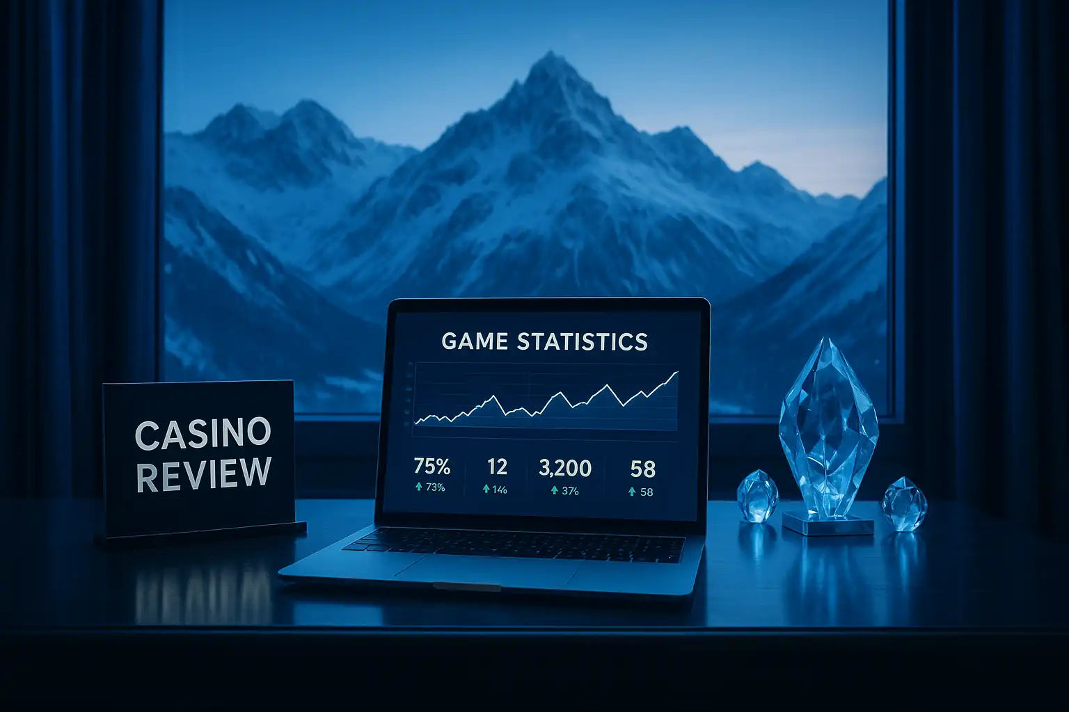 Casino review desk with statistics overlooking an icy mountain lounge at Reelson Casino
