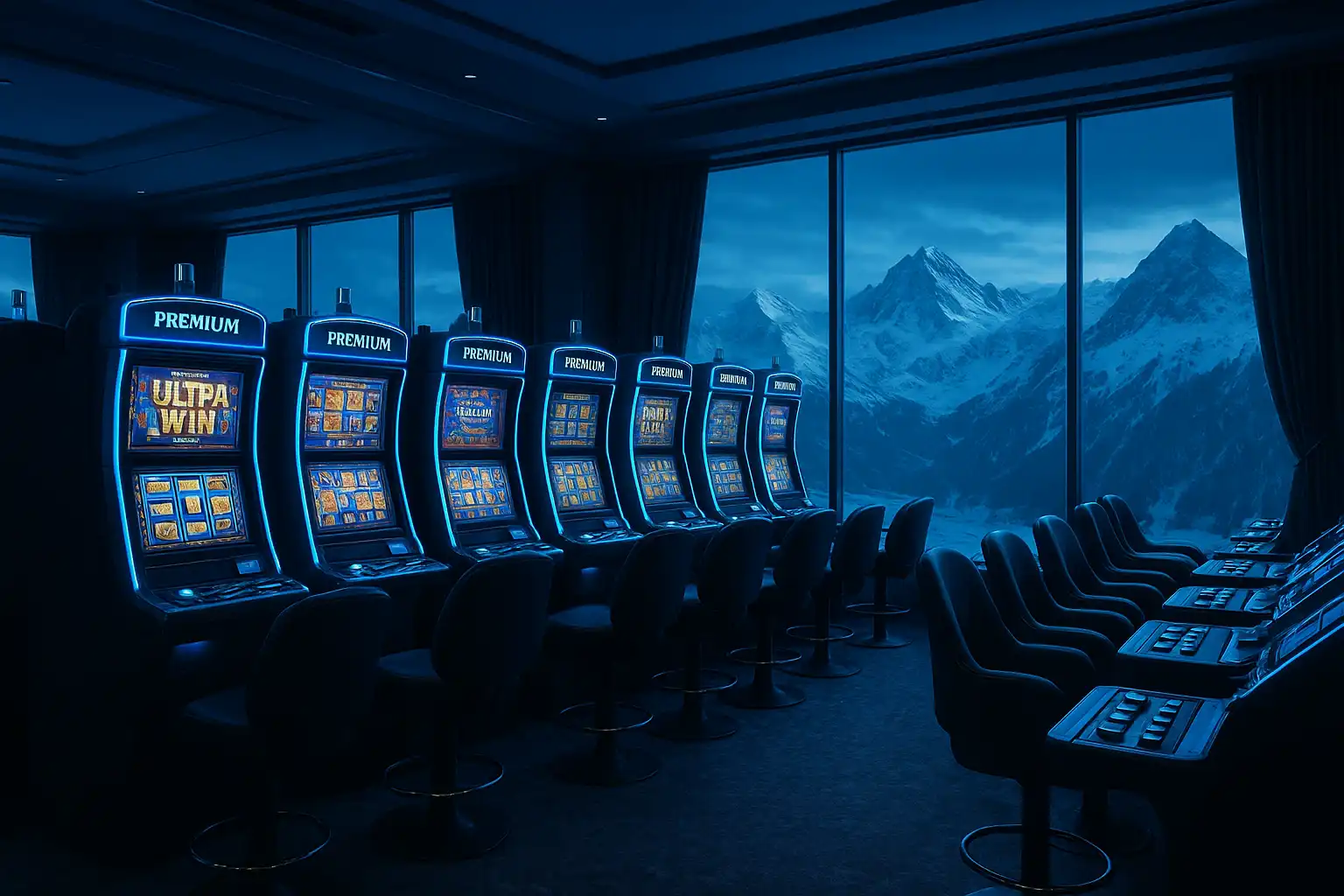 Rows of premium slot machines inside the Reelson Casino lounge with icy mountain views
